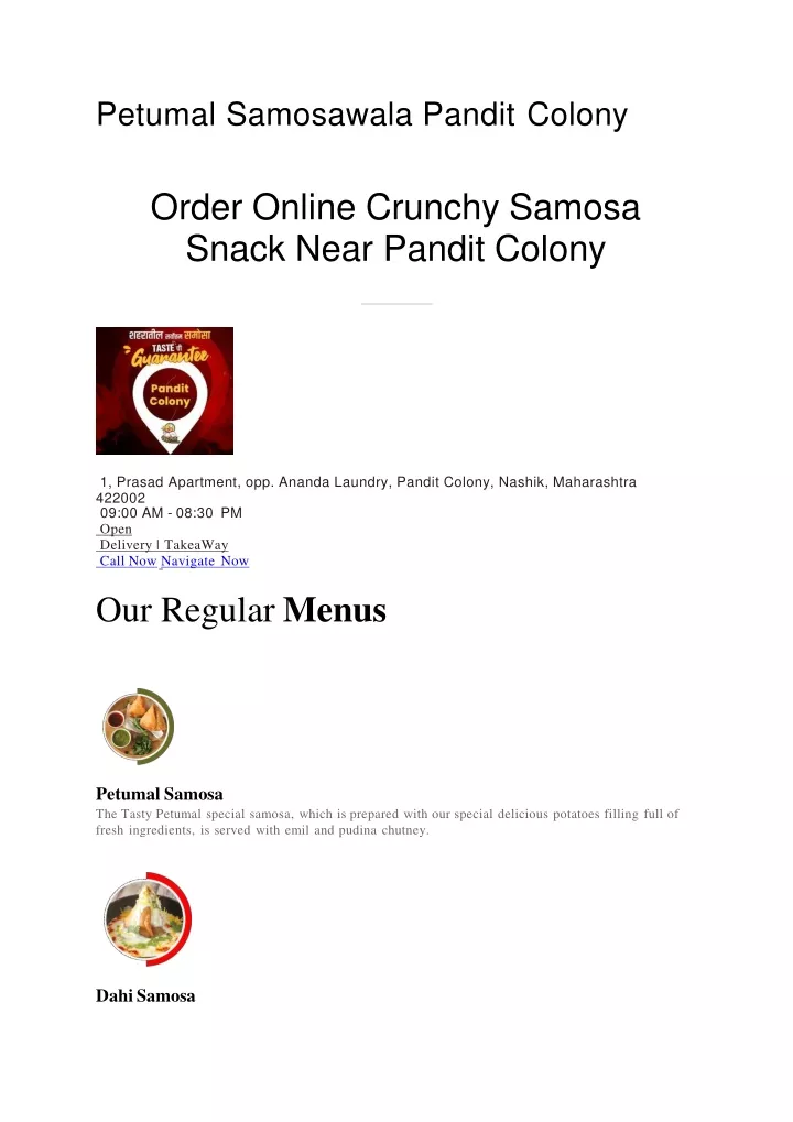 order online crunchy samosa snack near pandit colony