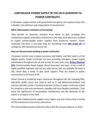 CONTINUOUS POWER SUPPLY IN THE UK IS ACRONYM TO POWER CONTINUITY.