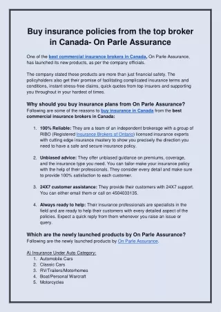 Buy insurance policies from the top broker in Canada- On Parle Assurance