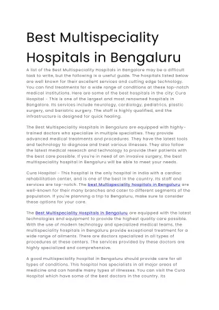 Best Multispeciality Hospitals in Bengaluru