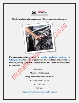 Mobile Mechanics Whangaparaoa | Mcmahonautomotive.co.nz