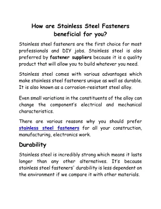 What are the Benefits of Stainless Steel Fasteners