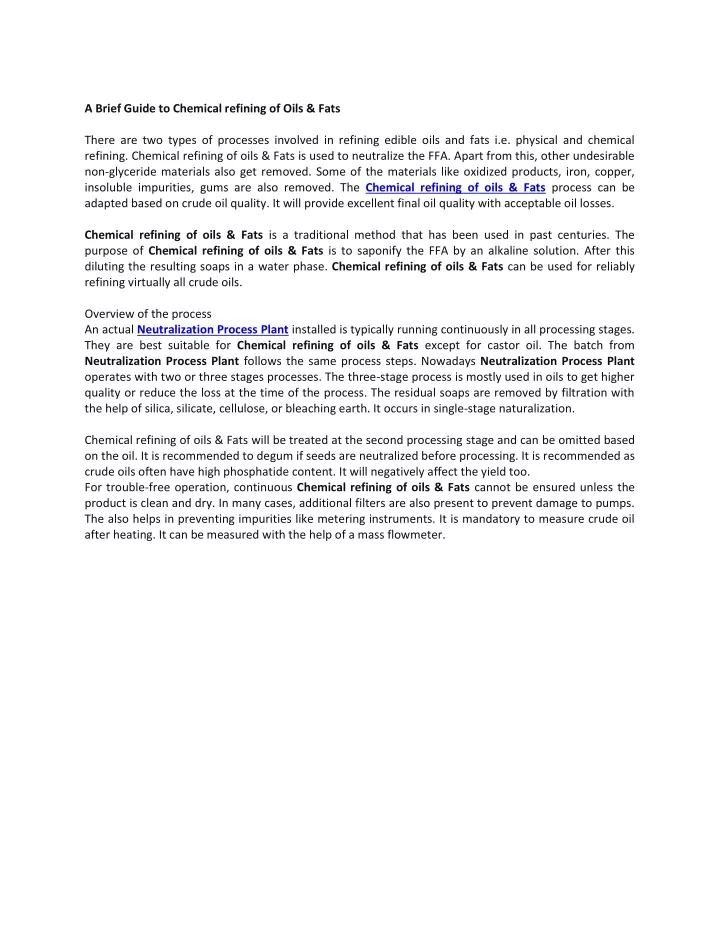 a brief guide to chemical refining of oils fats