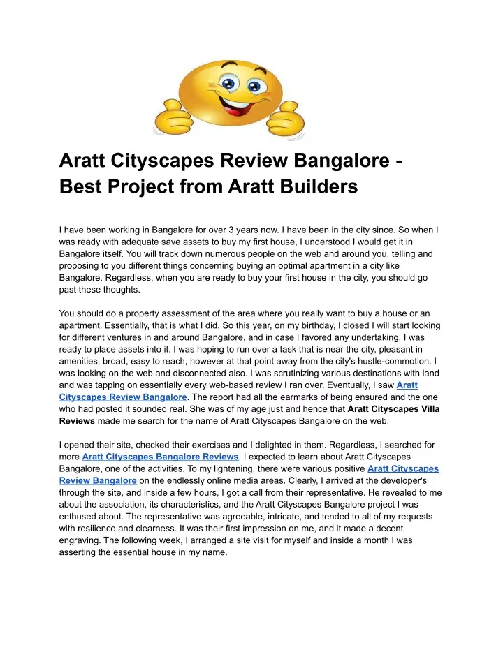 aratt cityscapes review bangalore best project