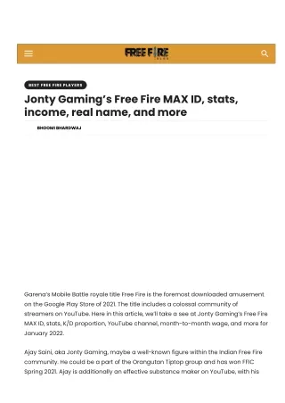 Jonty Gaming’s Free Fire MAX ID, stats, income, real name, and more