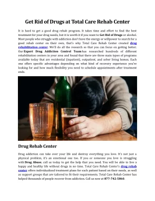 Get Rid of Drugs at Total Care Rehab Center
