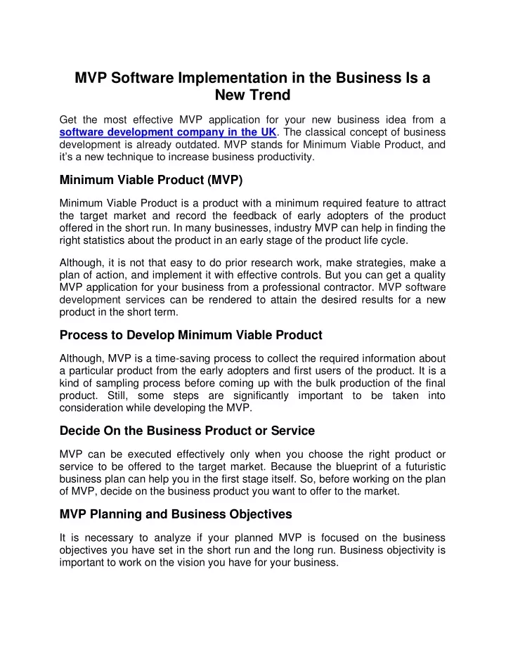 mvp software implementation in the business