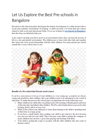 Let Us Explore The Best Pre-schools In Bangalore