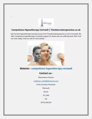 Compulsions Hypnotherapy Cornwall Theobservatorypractice.co.uk