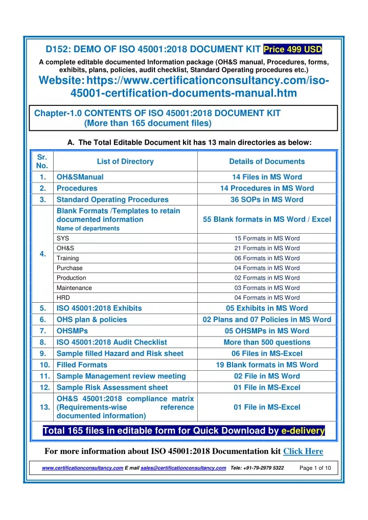 d152 demo of iso 45001 2018 document kit price
