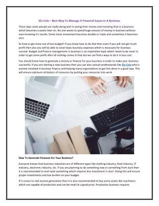 Elo Cole – Best Way To Manage A Financial Issues In A Business