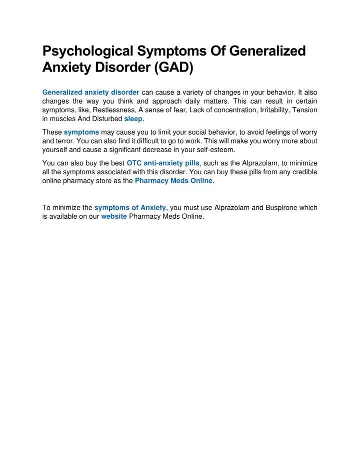 Ppt Psychological Symptoms Of Generalized Anxiety Disorder Gad