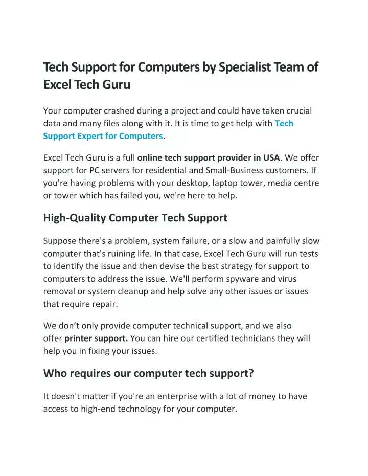 tech support for computers by specialist team
