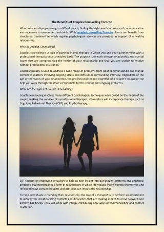 The Benefits of Couples Counselling Toronto