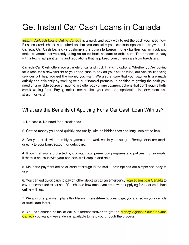 get instant car cash loans in canada