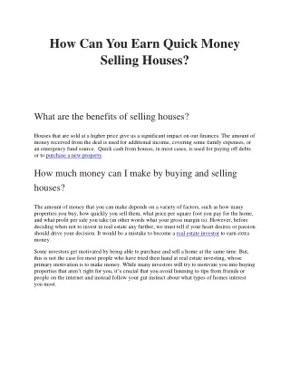 How Can You Earn Quick Money Selling Houses