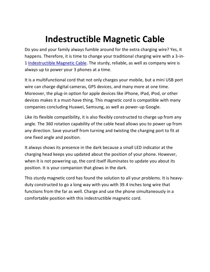 indestructible magnetic cable