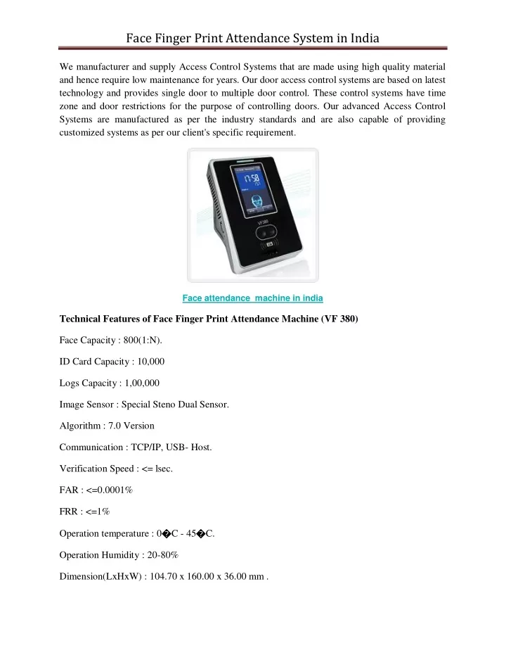 face finger print attendance system in india