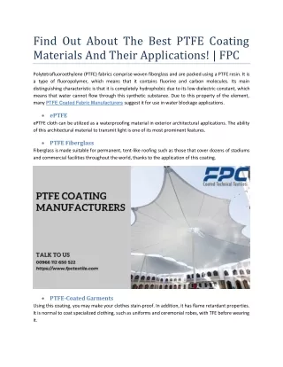 Find Out About The Best PTFE Coating Materials And Their Applications!