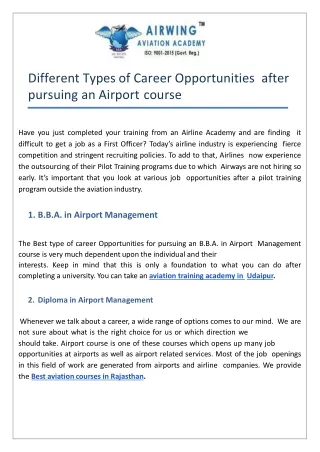 Different Types of Career Opportunities after pursuing an Airport course