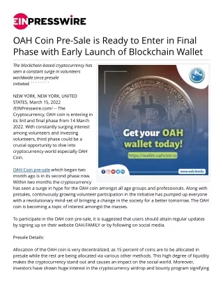 OAH Coin Pre-Sale is Ready to Enter in Final Phase with Early Launch of Blockchain Wallet