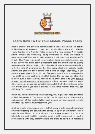 Learn How To Fix Your Mobile Phone Easily - Gadget Kings PRS
