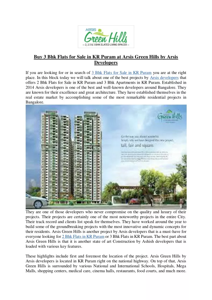 buy 3 bhk flats for sale in kr puram at arsis