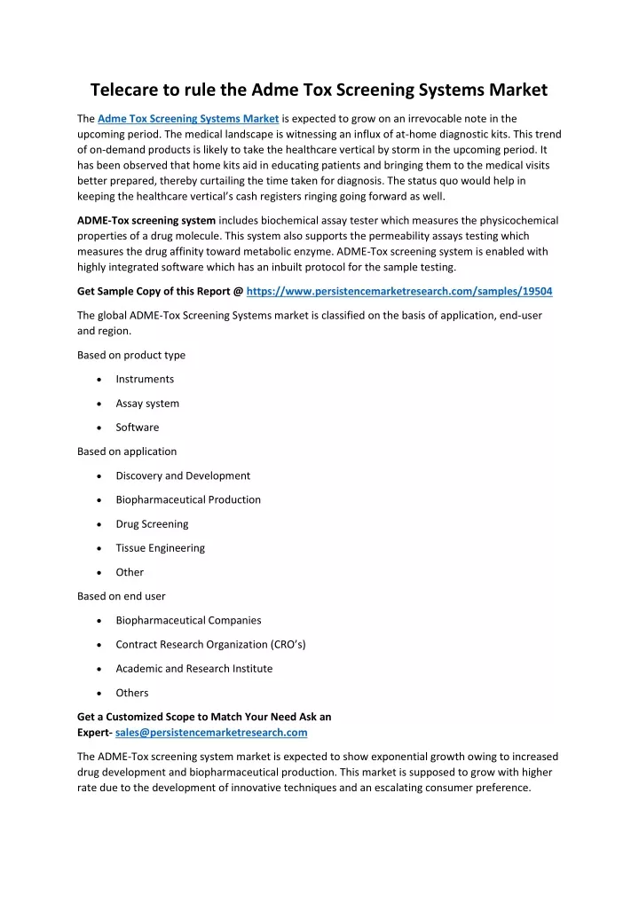 telecare to rule the adme tox screening systems