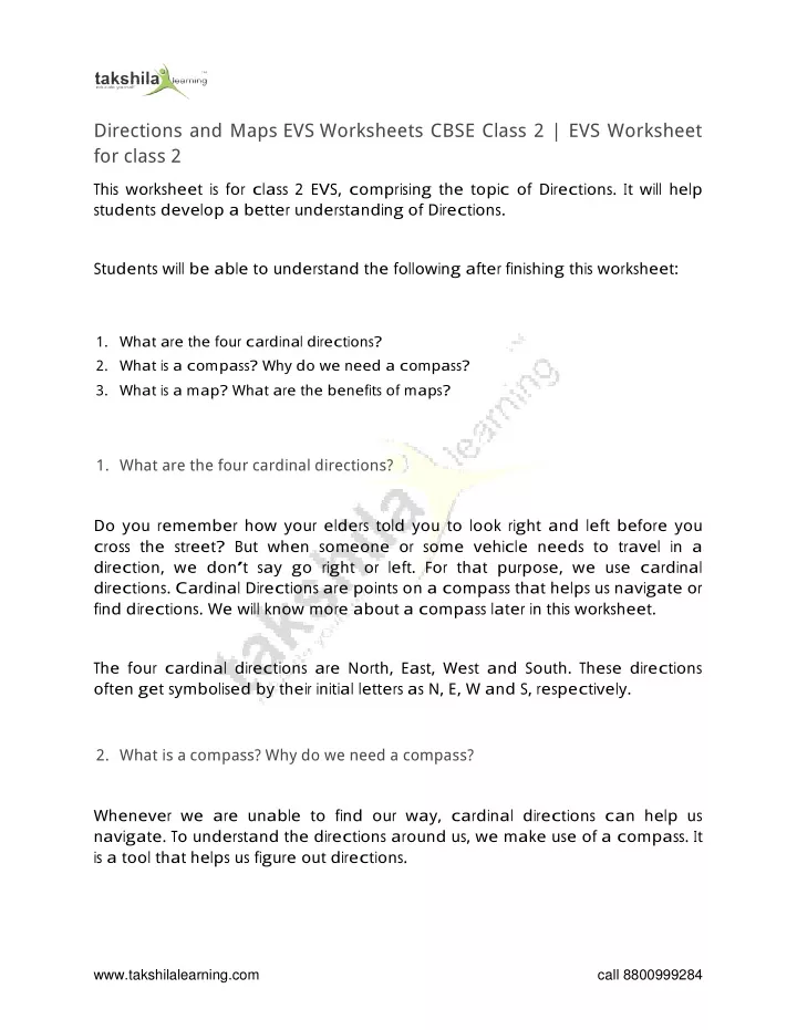directions and maps evs worksheets cbse class
