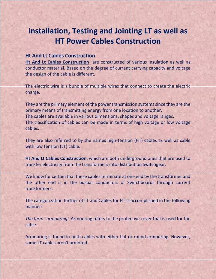 installation testing and jointing lt as well