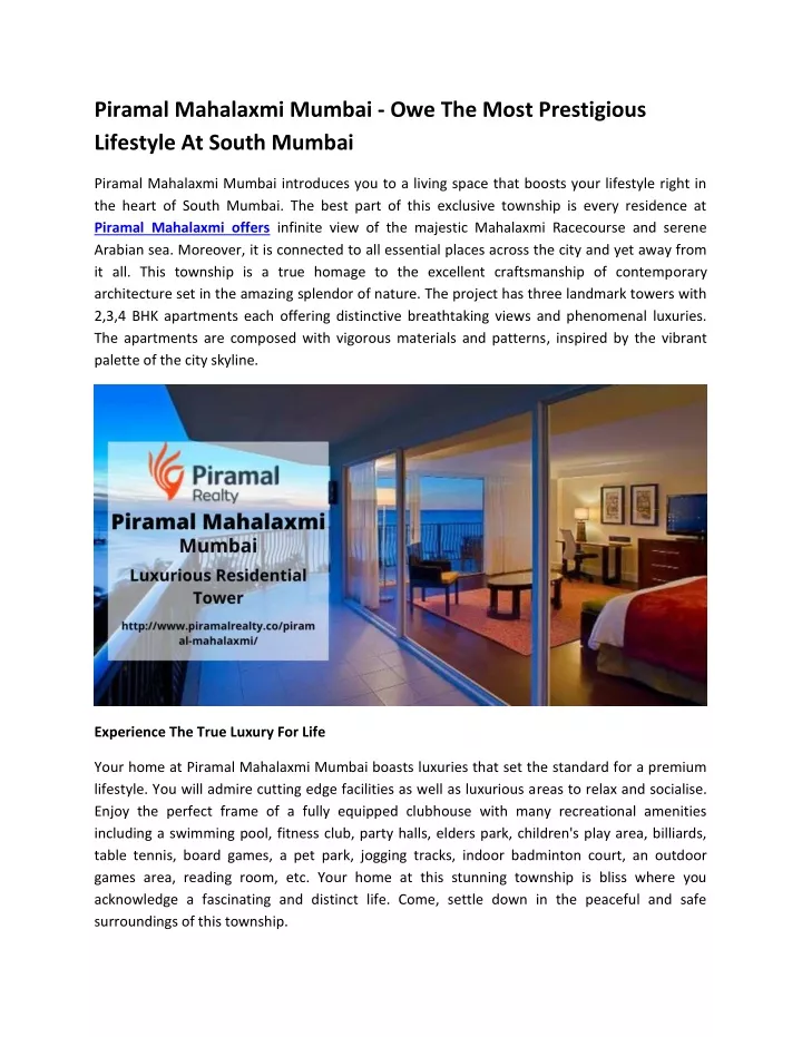 piramal mahalaxmi mumbai owe the most prestigious