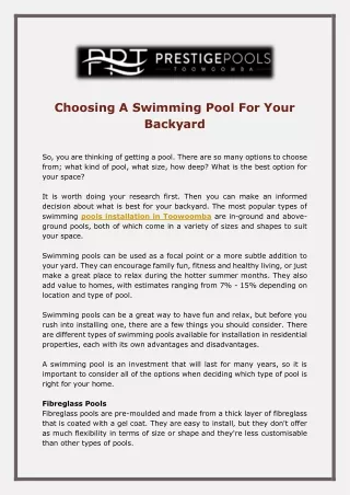 Choosing A Swimming Pool For Your Backyard