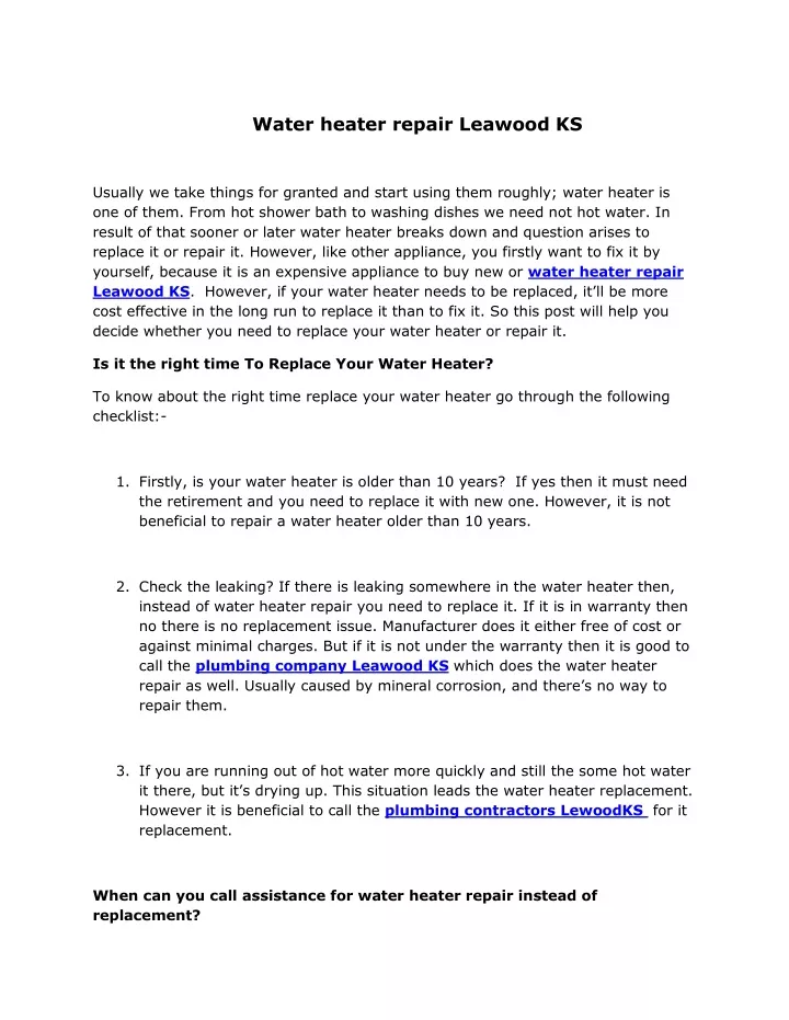 water heater repair leawood ks