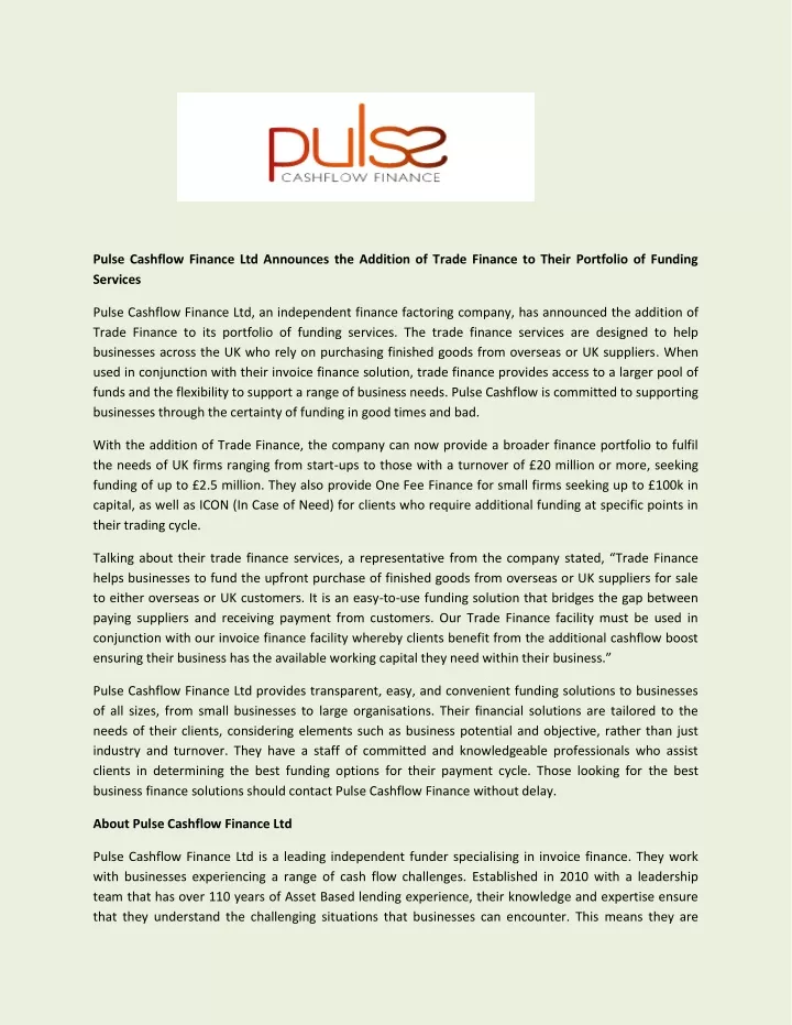 pulse cashflow finance ltd announces the addition