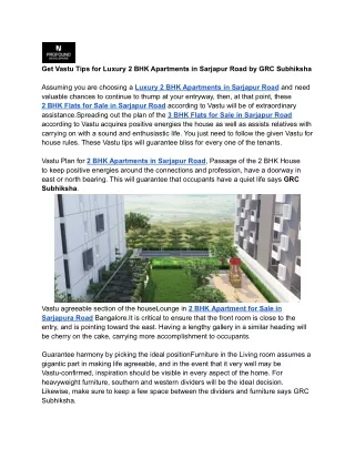Get the Vastu Tips for Luxury 2 BHK Apartments in Sarjapur Road by GRC Subhiksha