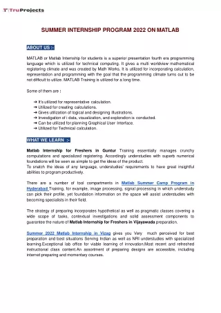 summer internship program 2022 on matlab