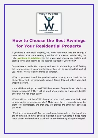 How to Choose the Best Awnings for Your Residential Property - Your World Outdoor Blinds and Shutters