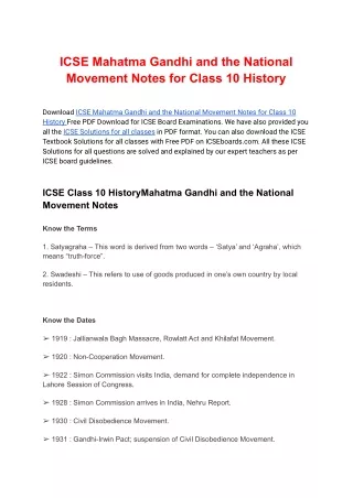 Mahatma Gandhi and the National Movement Notes for Class 10 History