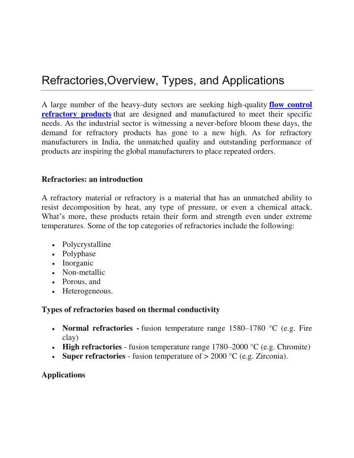 refractories overview types and applications