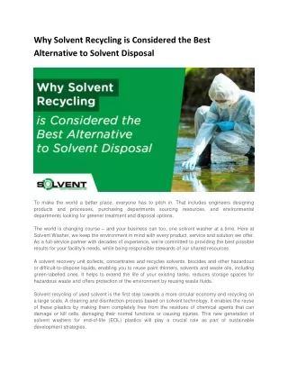 Why Solvent Recycling is Considered the Best Alternative to Solvent Disposal
