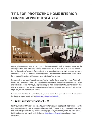 TIPS FOR PROTECTING HOME INTERIORS DURING MONSOON SEASON
