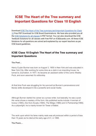 The Heart of the Tree summary and Important Questions for Class 10