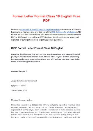 Formal Letter Format Class 10 English Free PDF Download