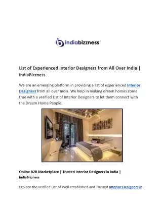 List of Experienced Interior Designers from All Over India | IndiaBizzness