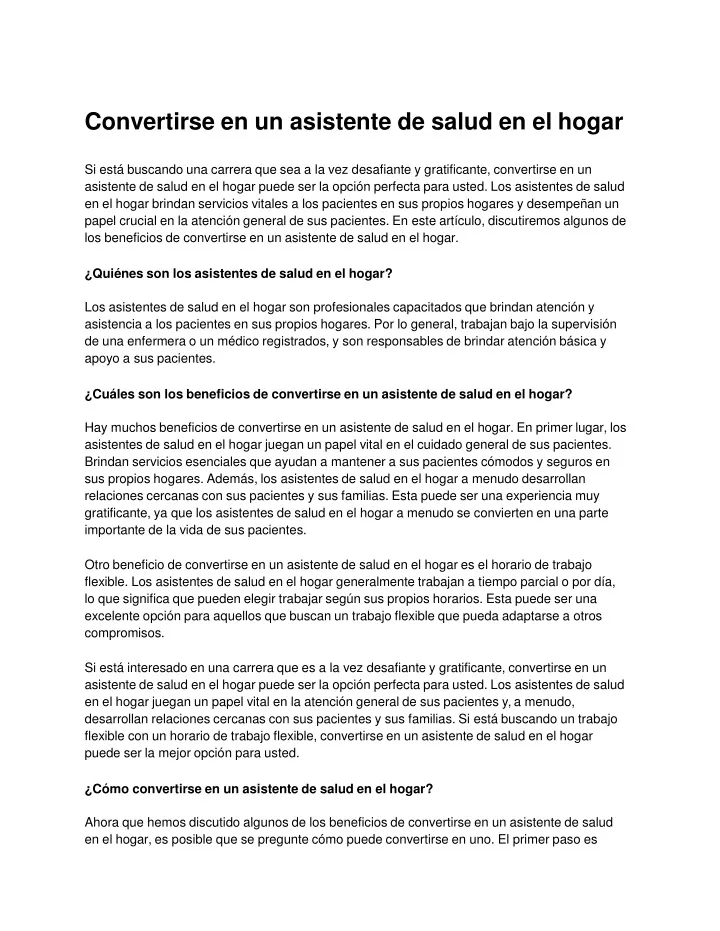 convertirse en un asistente de salud en el hogar