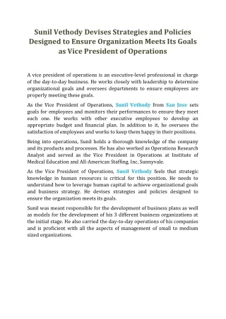 sunil vethody devises strategies and policies
