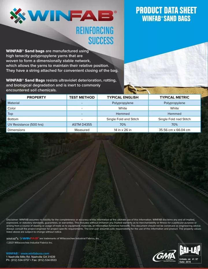 product data sheet winfab sand bags