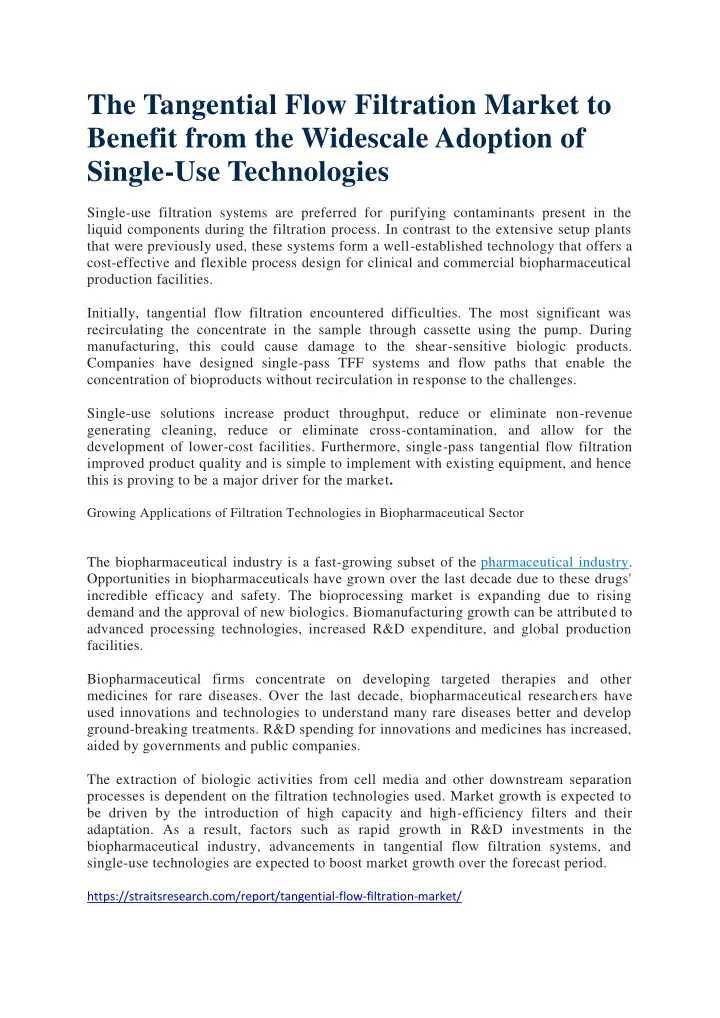 the tangential flow filtration market to benefit