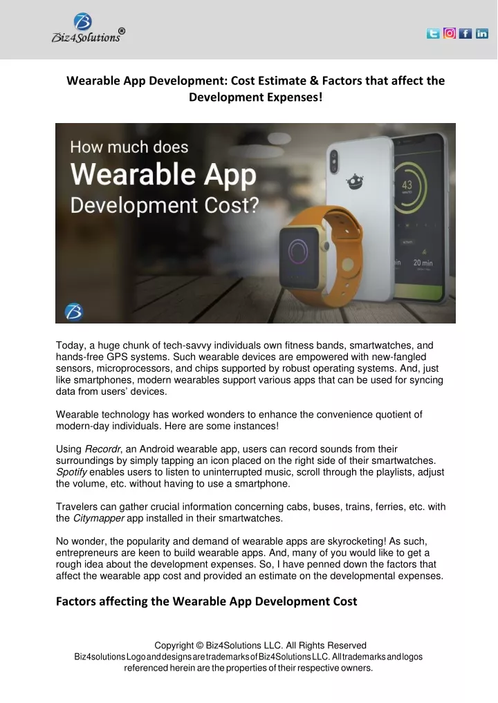 wearable app development cost estimate factors