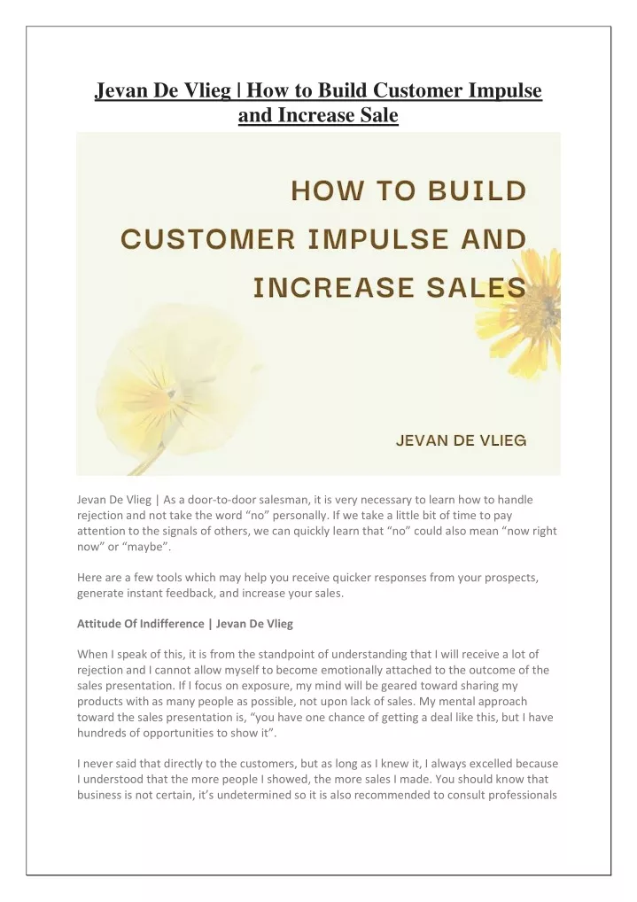 jevan de vlieg how to build customer impulse